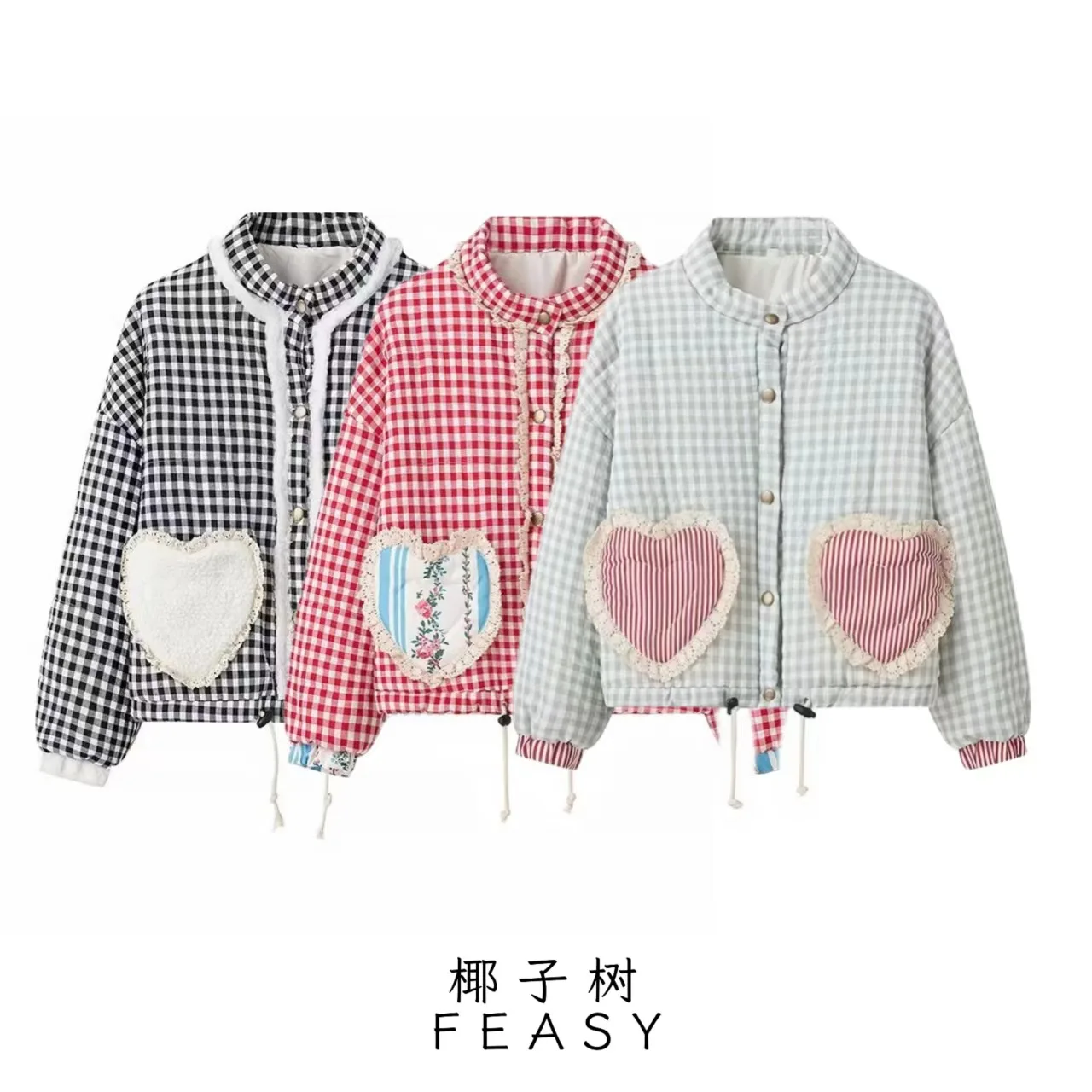 F/W Women's Quilted Checkered Jacket Asymmetric Panel Streetwear Coat Cotton Blend Winter Outerwear with Detachable Hood