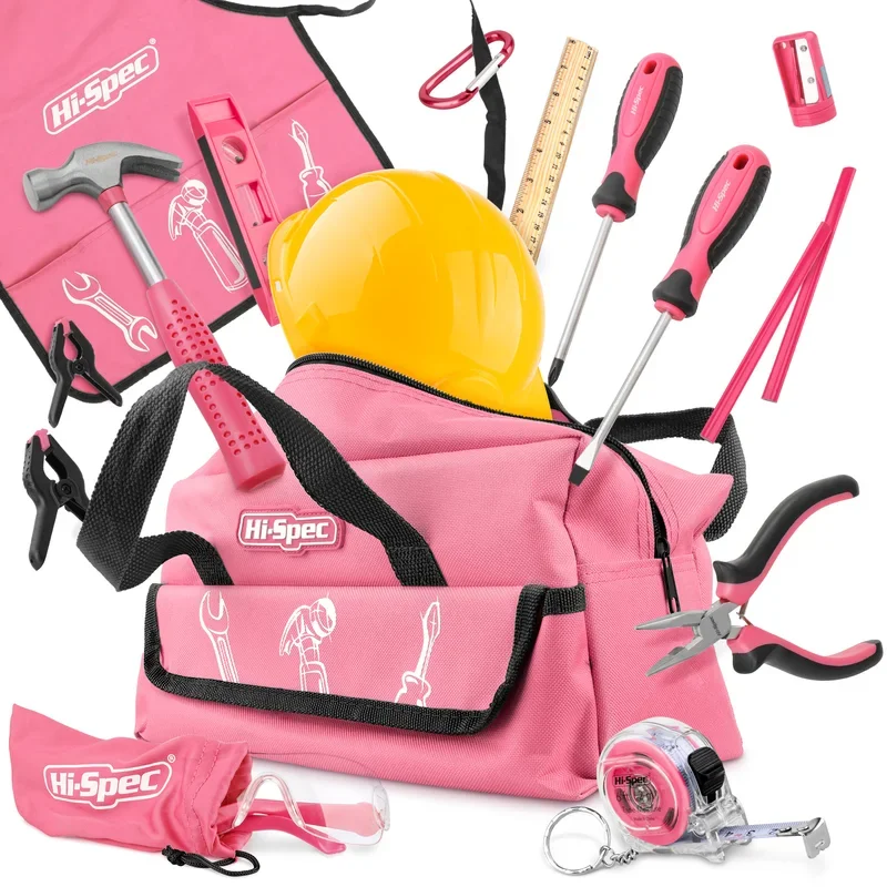 18pc Pink Kids Home DIY Tool Set Real Small-Sized Girls Household Tool Set Gift Hand Tools for Children with Tool Bag