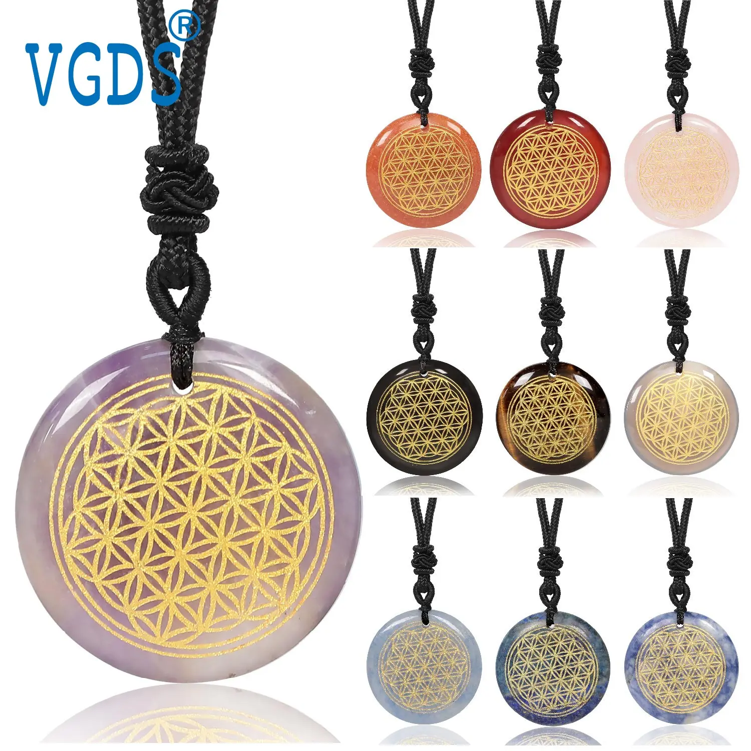 Natural Crystal Rose Quartz Carved Flower Of Life Pendants Reiki Esoteric Spiritual Auspicious Necklaces For Men Women Jewelry