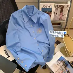 Blue Embroidered Polo Collar Shirt for Women's Spring New Style High Grade Loose and Casual Style Western Design Blouses Shirt