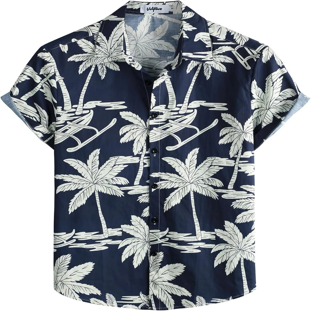 Men Summer Beach Vacation Seaside Vacation Flower Element Printed Pattern Button Down Shirt Men Trend Button Down Shirt