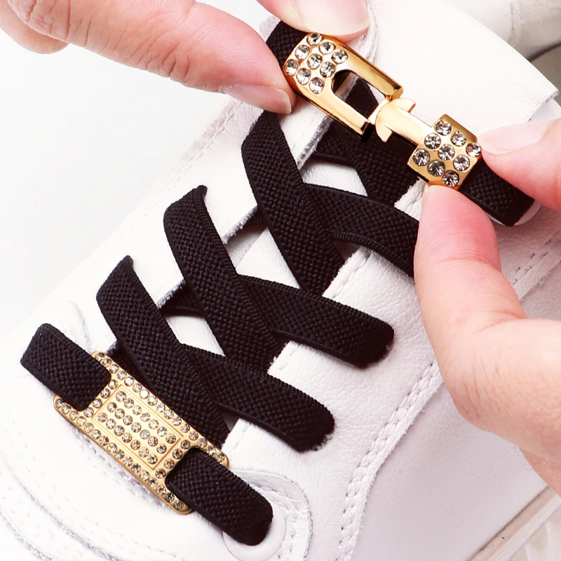 

No Tie Shoe Laces Elastic Laces Sneakers Gold Diamond Buckle Tennis Shoelaces Without Ties Flat Shoelace for Shoes Accessories