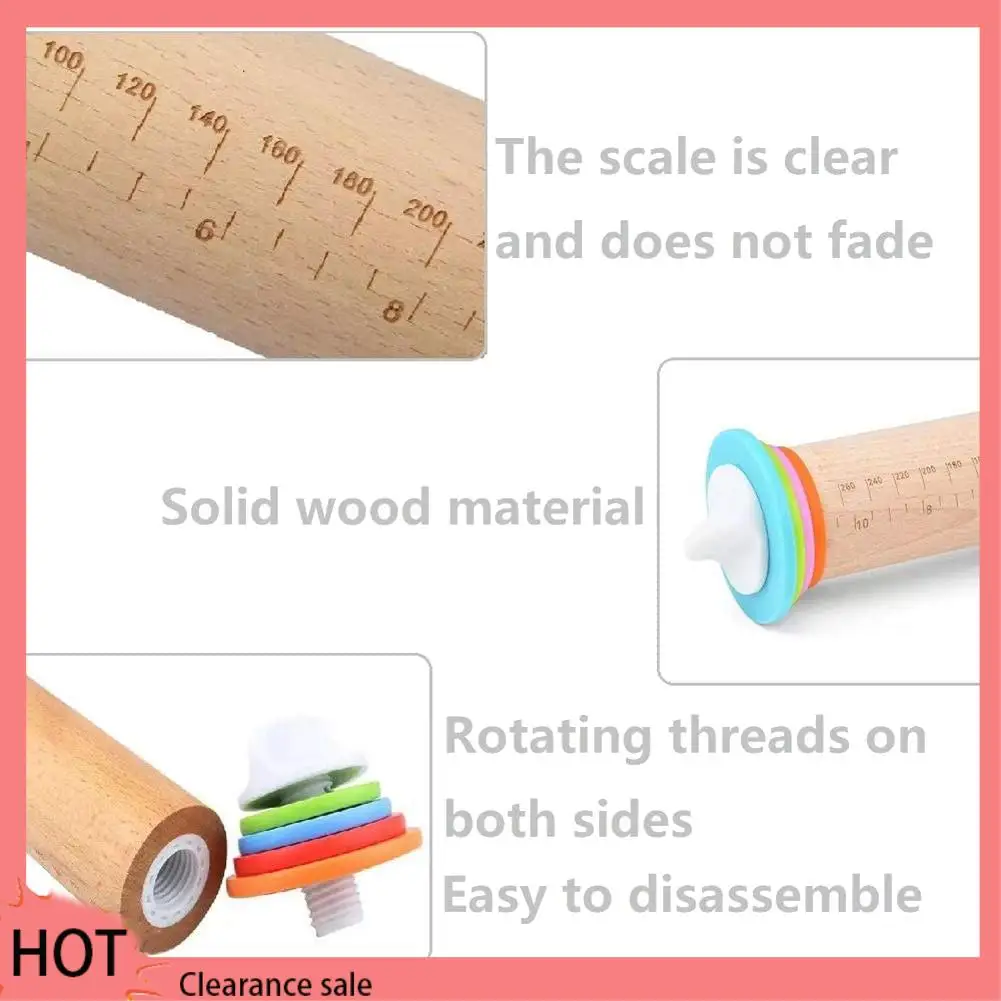 A88Z Adjustable Wood Rolling Pin With Removable Rings,Dough Roller,For Baking,Pizza And Cookies,Home Kitchen Baking Tool