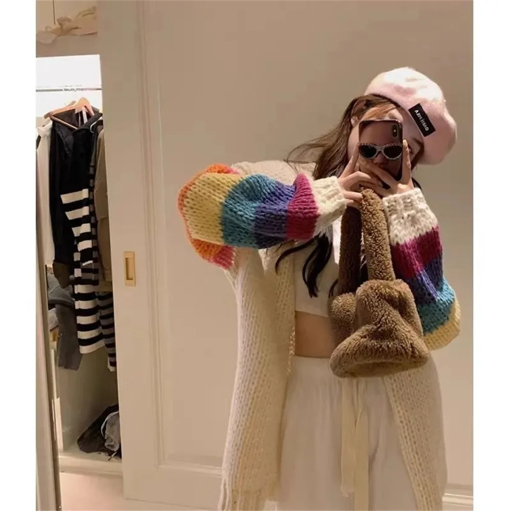 utumn and Winter 2023 New Top with Korean Slouchy Style Design and Unique Small Crowd Contrast Rainbow Knitted Sweater Cardigan