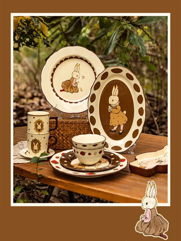 Retro Hera Rabbit Ceramic Bowl Tableware Set Upscale Gift Dinner Plate Set Cute Children's Rice Bowl Dumpling Vinegar Plate