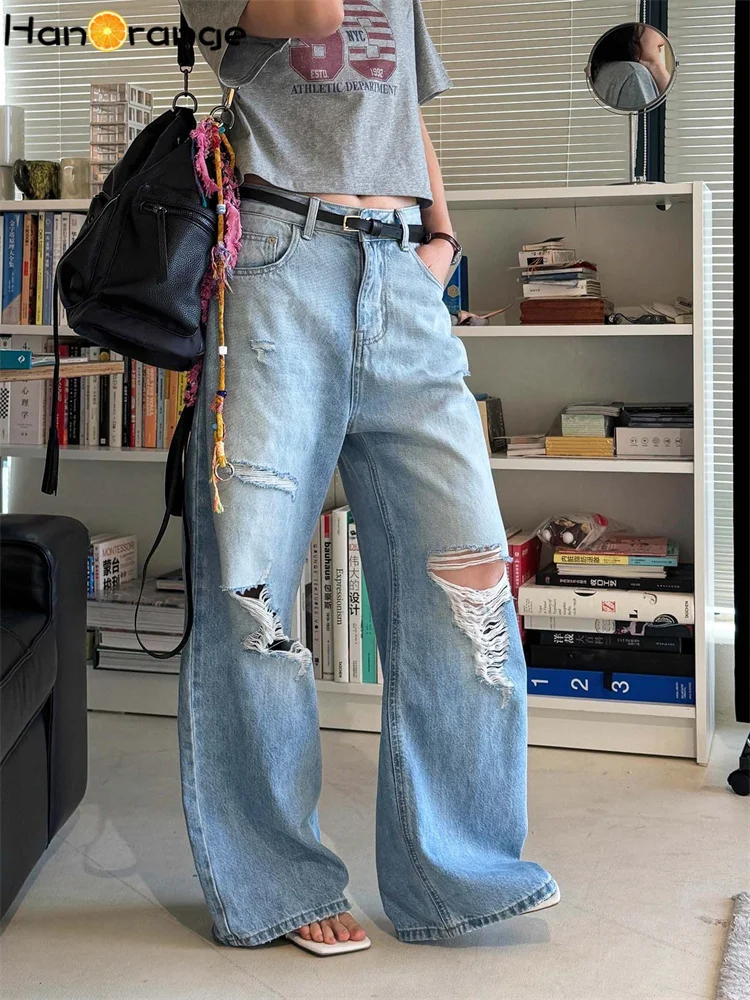 

HanOrange 2026 Summer Fashion Distressed White Ripped Straight Leg Jeans Women Denim Pants Blue