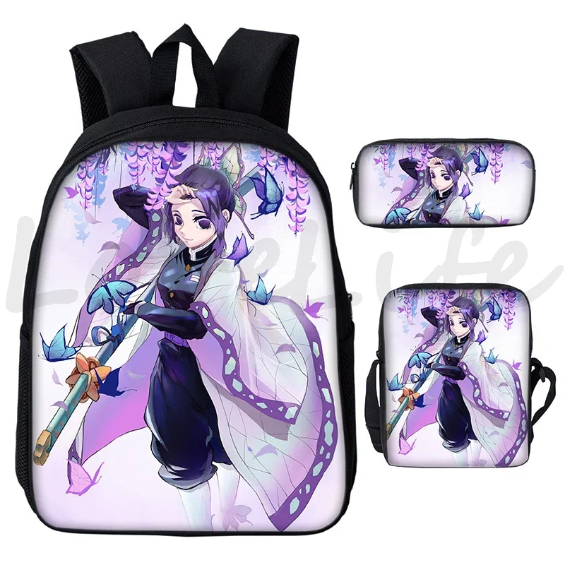 Ransel Anime 3 Buah/Set Tas Sekolah Demon Slayer Kochou Shinobu untuk Anak Laki-laki Perempuan Tas Buku Ransel Manga Kartun Anak-anak Mochila