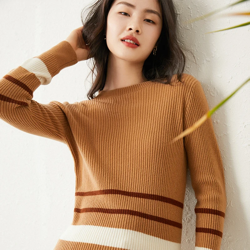 

100% Pure Wool Sweater Women O-neck Color Sleeve Pullover Autumn / Winter Casual Knitted Tops Female Jackets Plus Size Korean