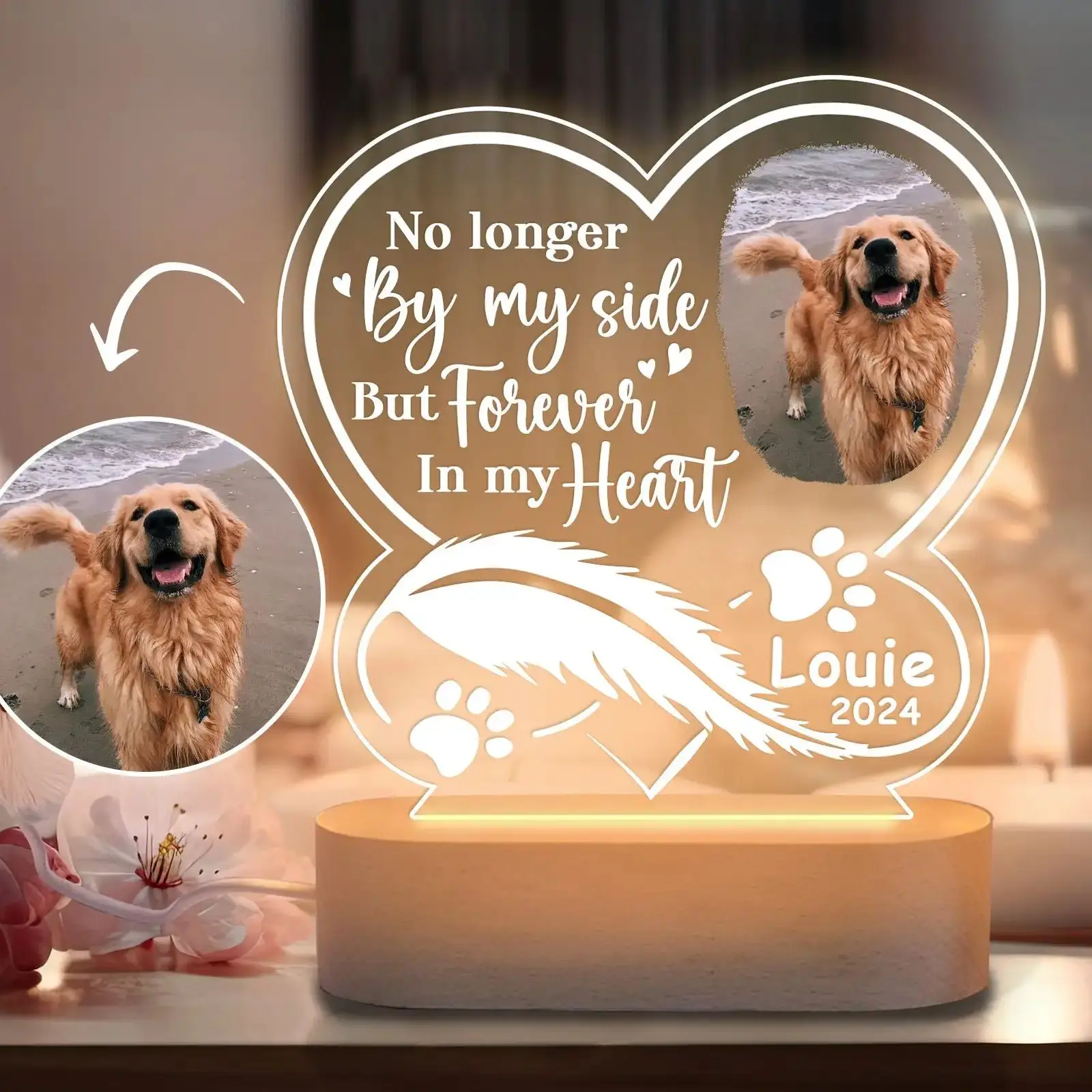 Foto personalizada para cachorro, luz noturna, presente memoral para animais de estimação, placa memorial para animais de estimação, presente personalizado para perda de animais de estimação