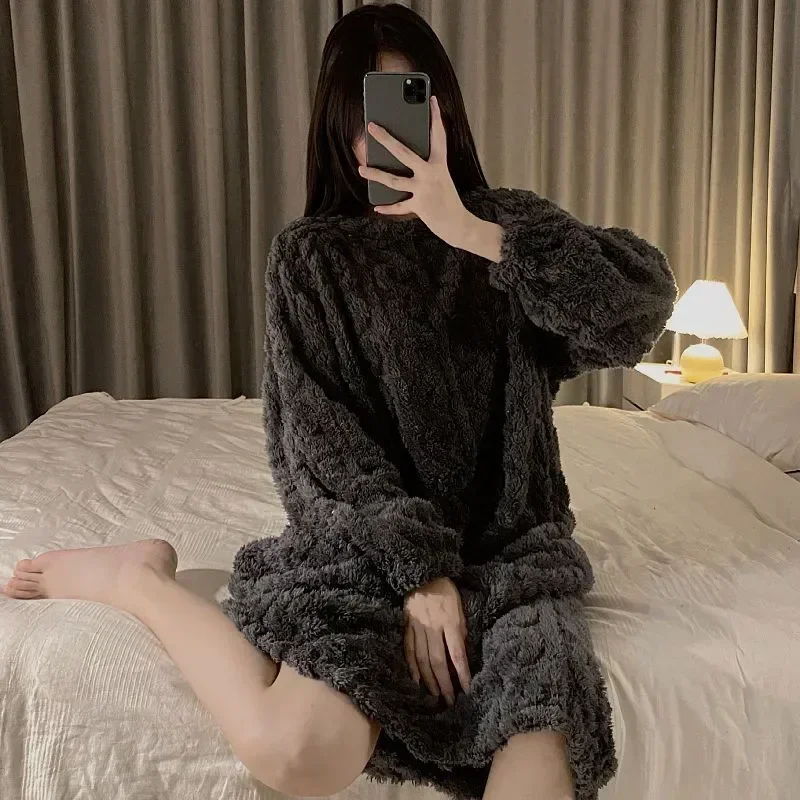 Style Ruffles 2023 Solid Dress One New Home Pajamas Korean Womens Wear Night Winter Fleece Sleeve Piece Sleepwear Long Nightgown