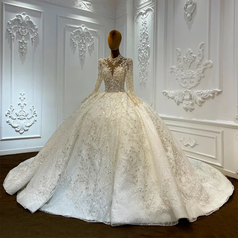 Surprise Price Wedding Dresses 2024 Ball Gown O-Neck Full Sleeves Suknia ślubna Beading Backless