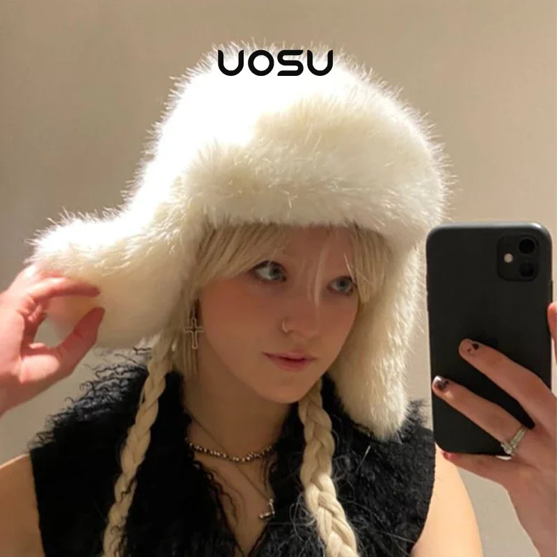 Russian Canadian Women Winter Warm Furry Ski Bomber Cap Y2k Girls Faux Fox Fur Ushanka Hat with Windproof Earflap Fuzzy Hats