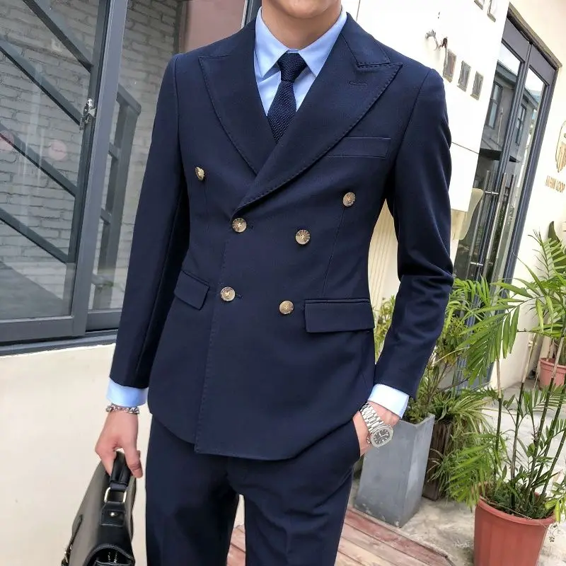 

2022 Fashion New Men Business Casual Double Breasted Solid Color Suit Coat Male Slim Fit Two Pieces Blazers Set Clothing H265