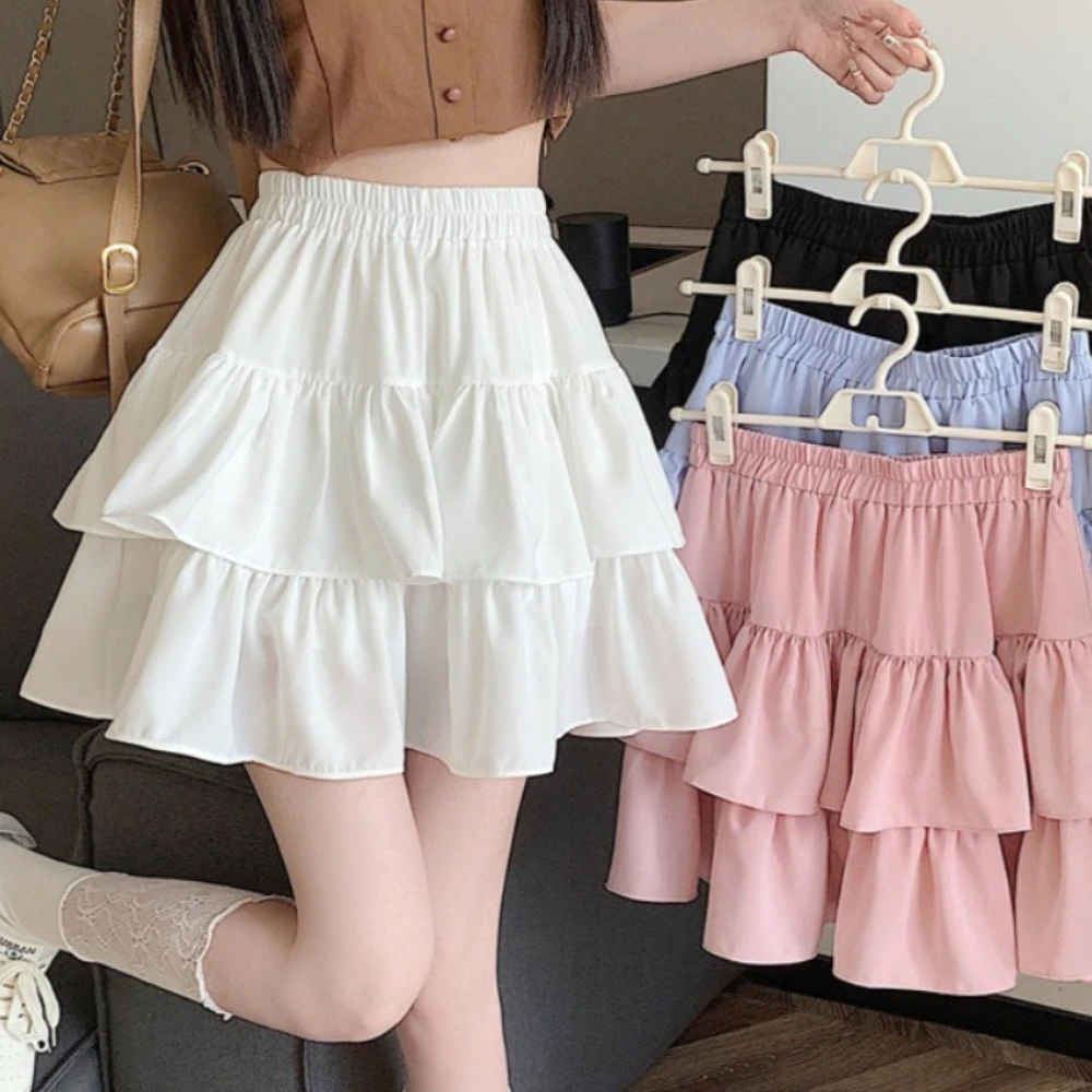 2026Pleated A-line SkirtWhite Women Ruffles Sweet Hottie Preppy Style Elastic Elastic Waist SlimThin SimpleCasualSummerWholesale