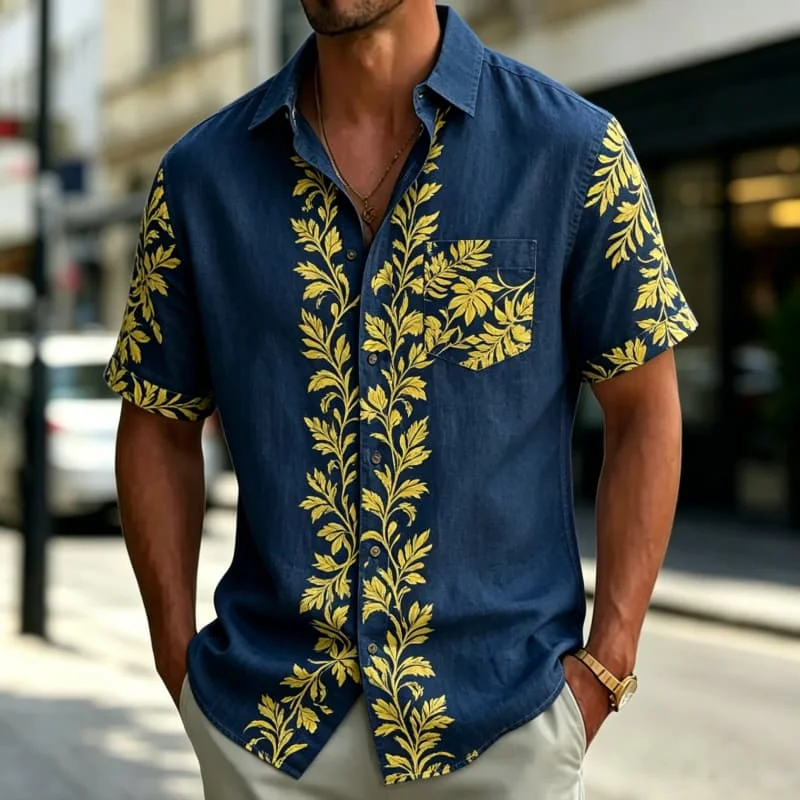 Men's Shirt Golden Floral Vine Print Short Sleeve Lapel Button Down Shirts Summer Beach Vacation Casual Tops Men Clothing