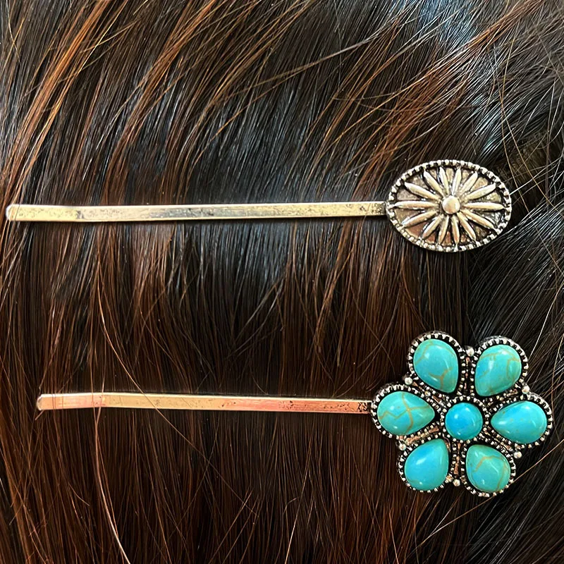 Hairpin Retro Turquoise Fork Stick Alloy Flower Women Headdress Womens Accessories Flower Clips Bobby Pin Silver Barrette