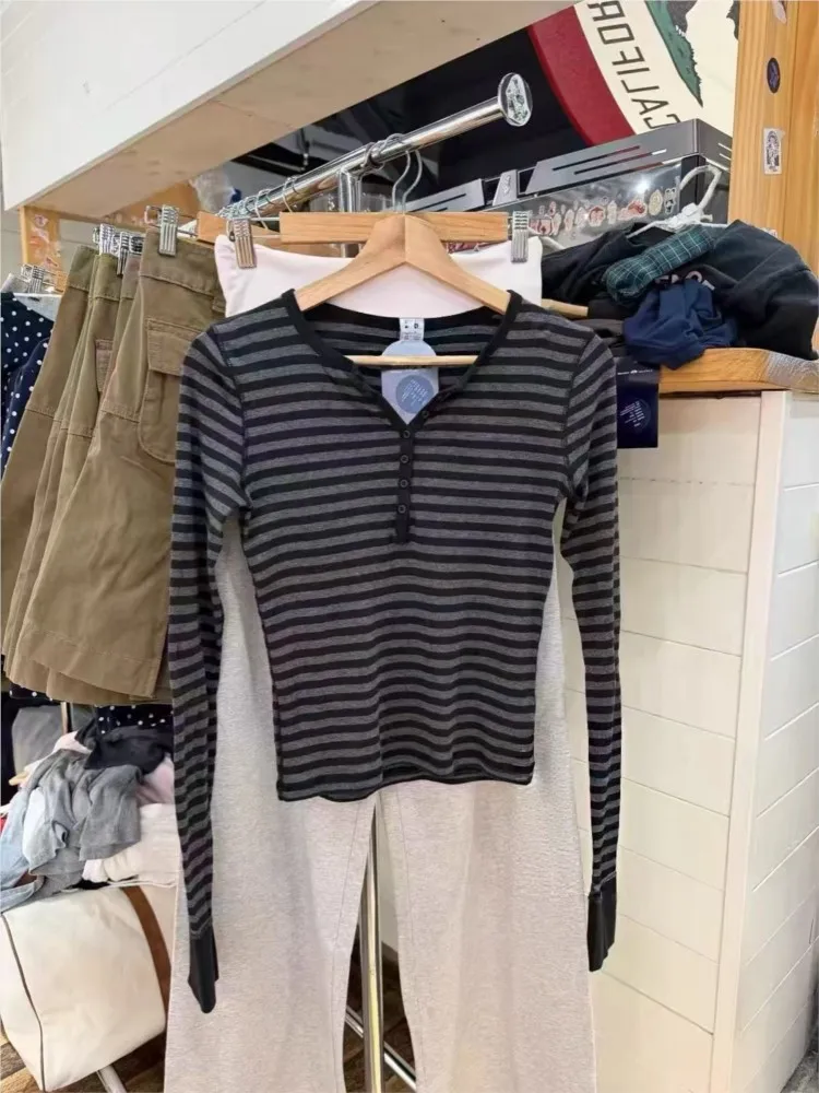 Vintage Striped Crop Tops Women Streetwear Casual Slim Cotton Buttons Long Sleeve Tees Simple Preppy Style Chic T-shirts Y2K