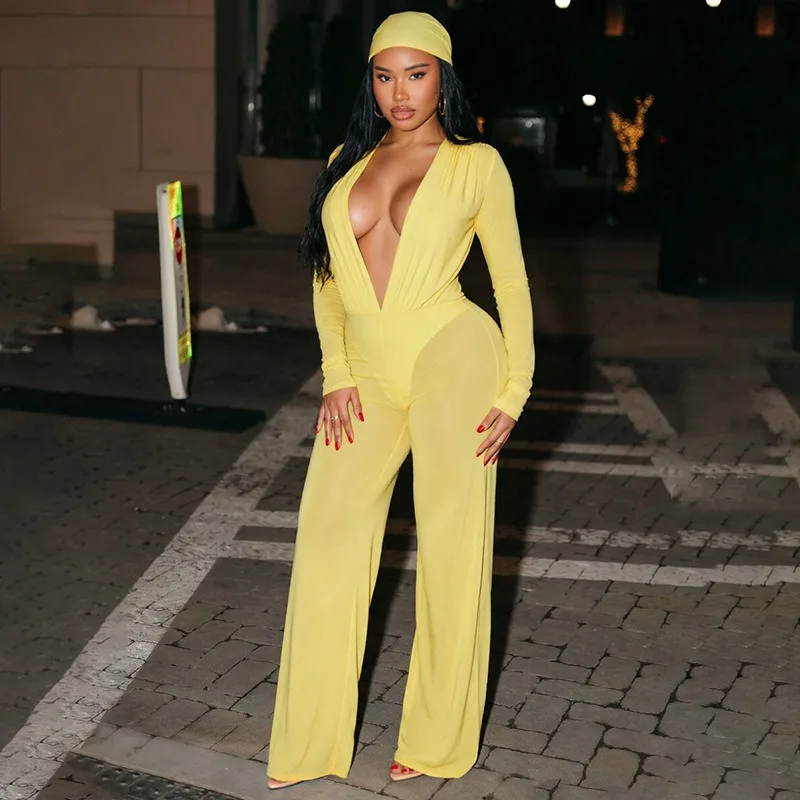 Fall Long Jumpsuit Deep V‑Neck Long‑Sleeve Design Comes With Matching Headscarf High‑Waist Straight‑Leg Full‑Length Pants