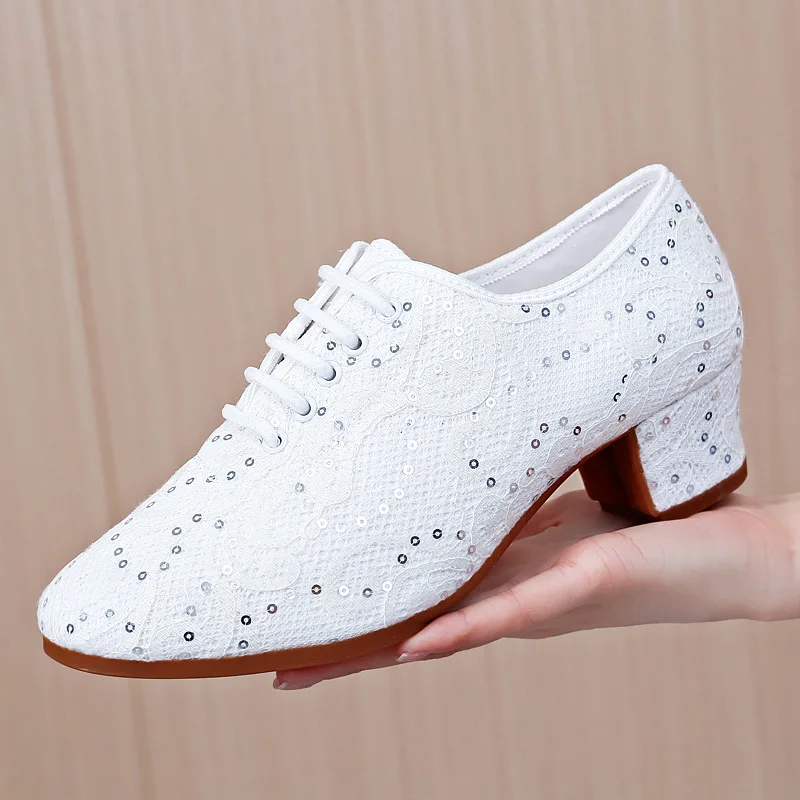 Sequin Women Ballroom Tango Salsa Latin Dance Shoes Oxford Teacher Shoes Black White Morder Party Dance Shoes Sneakers Heel 5cm