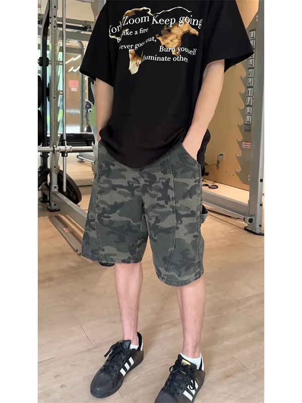 

Retro American Camouflage Shorts High Waist Five-Pointed Workwear Style Summer Washed Men's Fashionable Youthful Leisure Shorts