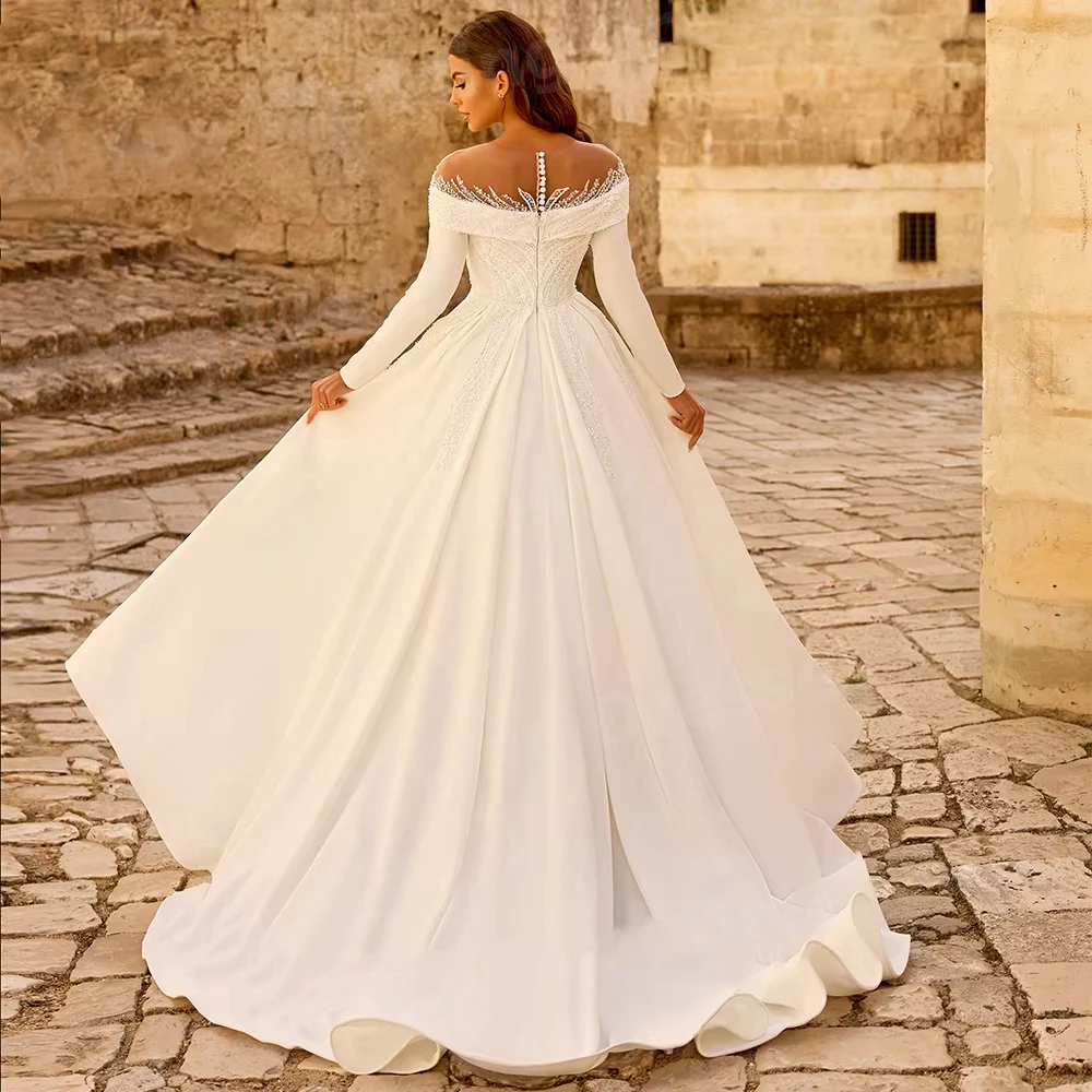 Fascinating A Line Women's O Neck Long Sleeve Wedding Dresses Vestido De Novia Lace Satin Bride Gowns Customized Robe De Mariée