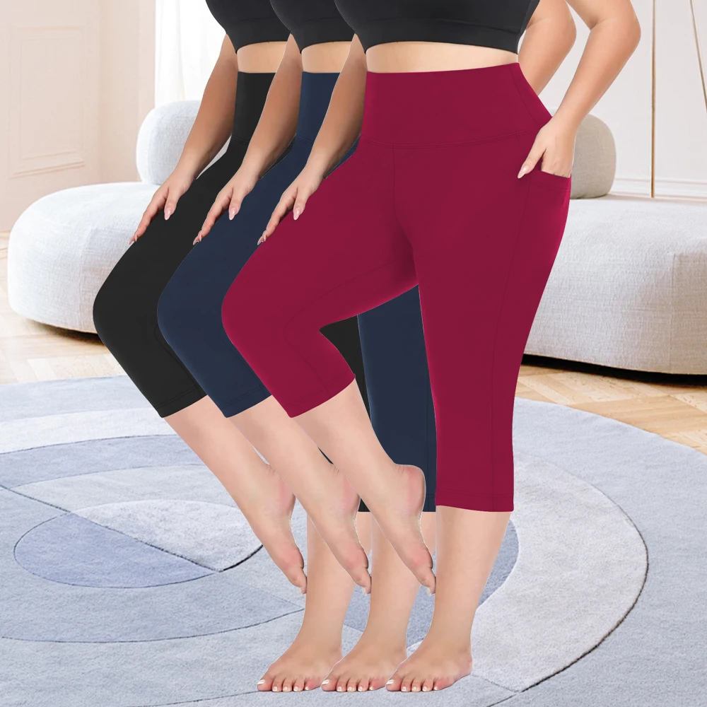 3 Pack Plus Size Sports Leggings Set, High Waist Yoga Pants With Pockets, Tummy Control Workout Running Yoga Leggings For Women