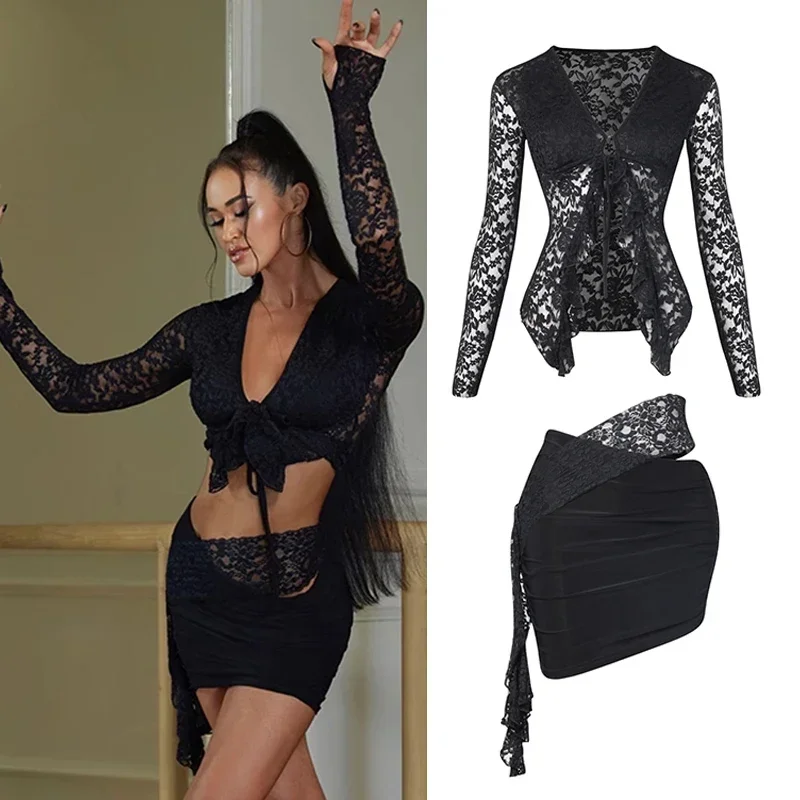 

Women Black Lace Tops Irregular Skirt Sexy Rumba Cha Cha Dance Practice Wear Performance Dress Latin Dance Clothes