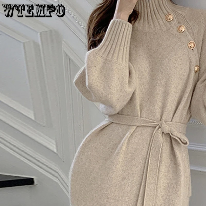 WTEMPO Women\'s Vintage Long Sleeve Knitwear Loose Buttoned Turtleneck Sweater Dress Autumn Winter Sexy Mid Long Knitted Dresses