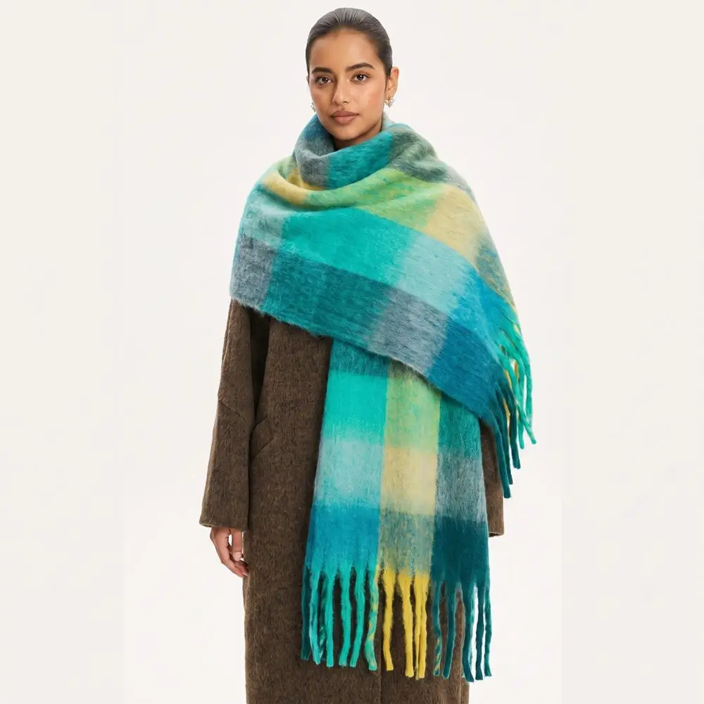 Elegant Mohair Plaid Wool Scarf Plush Thick Winter Cashmere Scarves Imitation Cashmere Long Rainbow Tassel Shawl Student