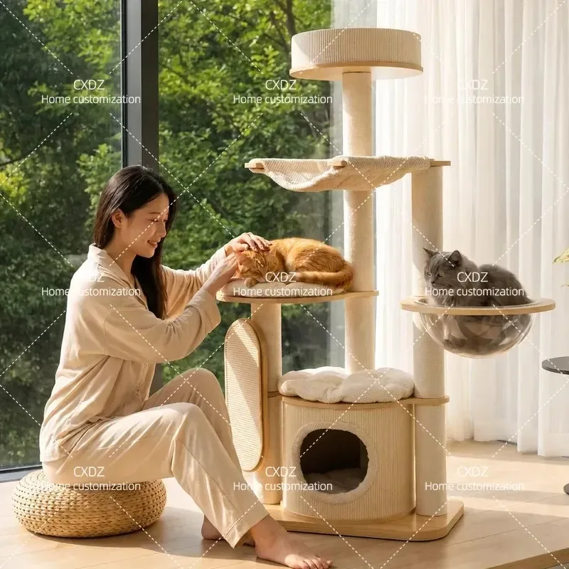 Solid Wood Cat Climbing Frame Small Apartment Space Saving Cat Tree with Nest Large Universal All Seasons Pet Furniture