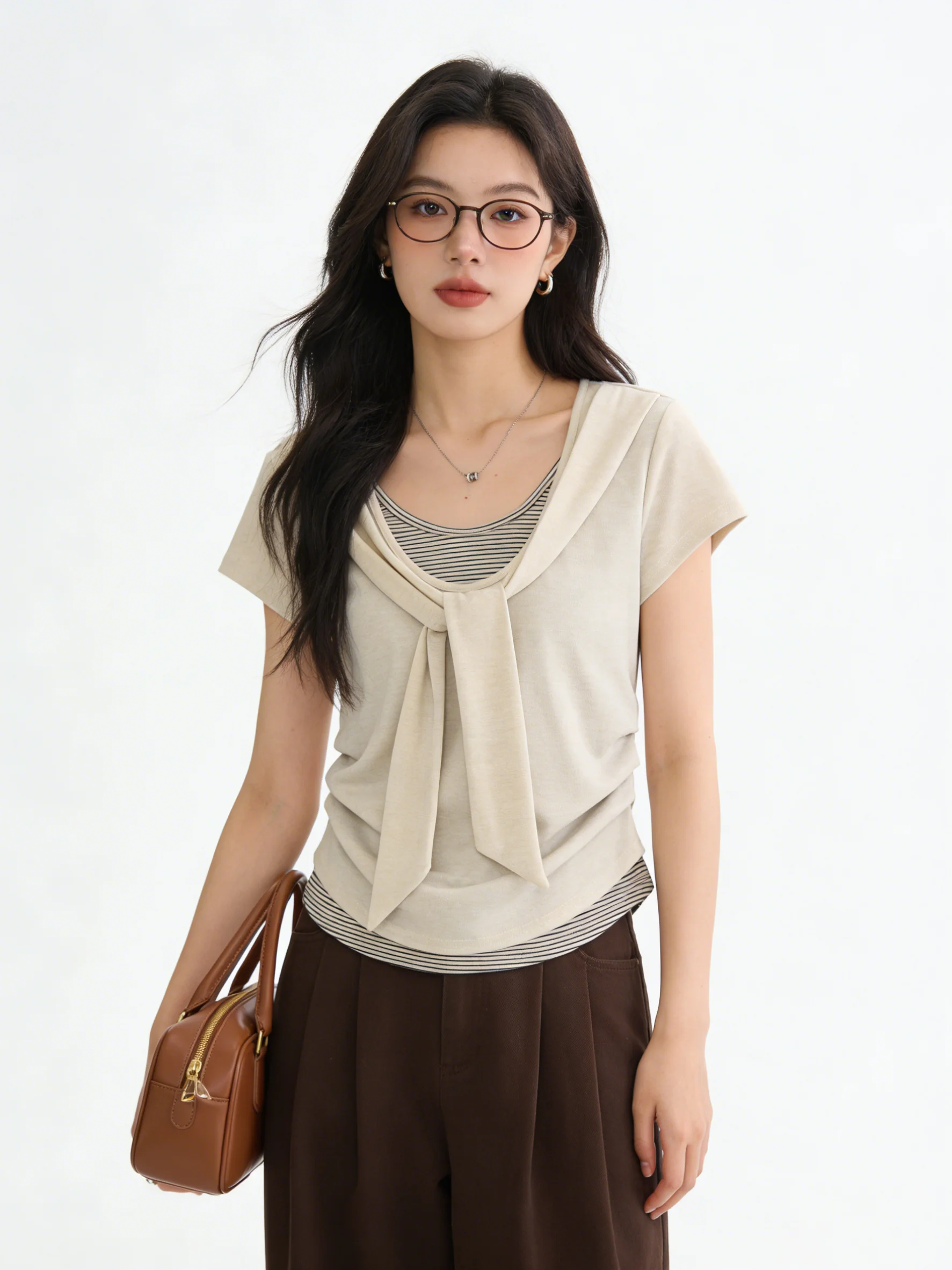 

Summer Korean Style Short Sleeve T-Shirt Fake Two-Piece Belted Stripe Waist-Cinching Slimming Top Skin-Friendly Breathable