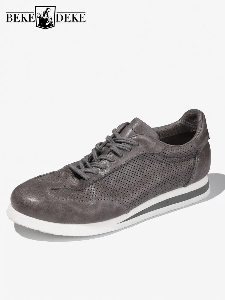 Mens Casual Shoes Breathable Horsehide Genuine Leather Sneakers Spring Summer Retro Comfortable Lace Up Round Toe Platform Shoes