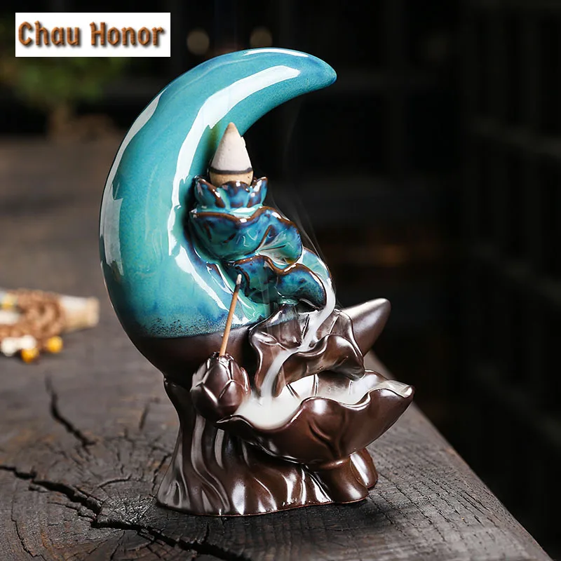 1pc Backflow Incense Burner Sleep Moon Lotus Auspicious and Success Ceramic Cone Censer Burner Home Decor (without Incense)