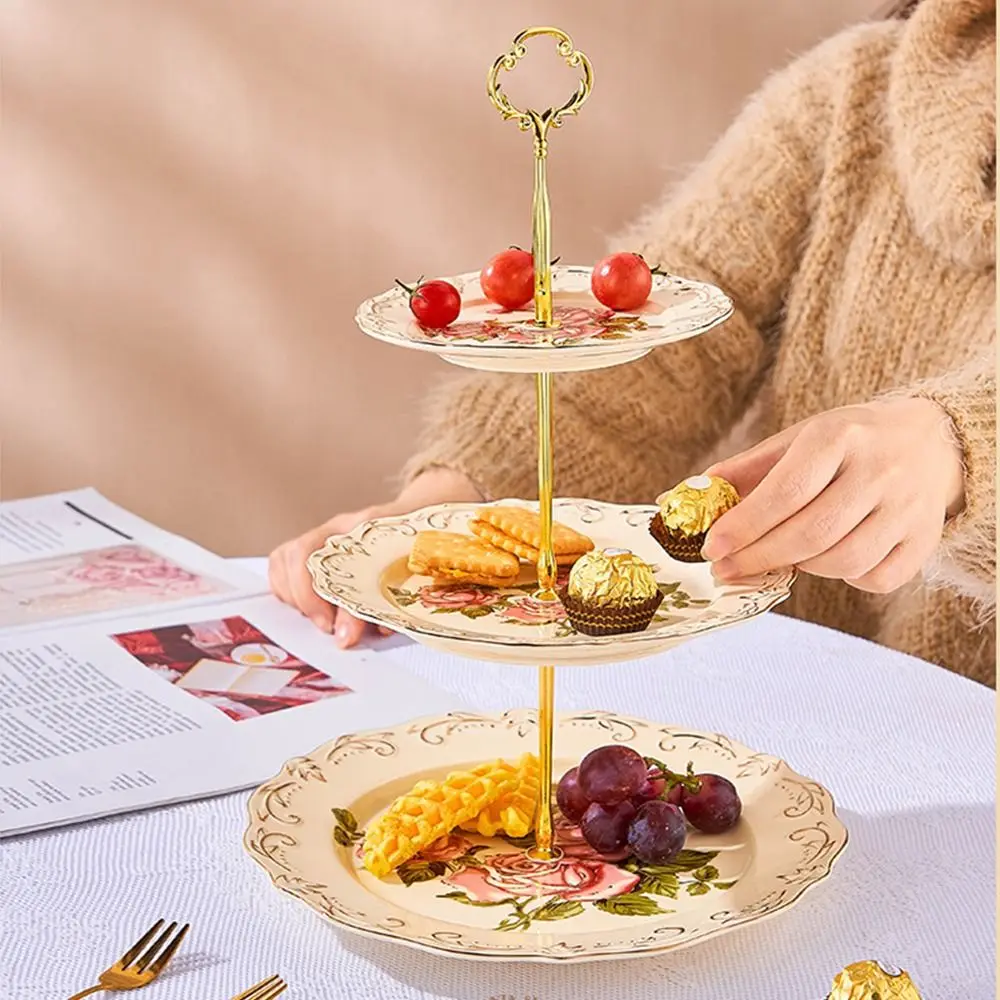 Retro Luxury Cake Plate Nordic Vintage Three-tier Dim Sum Shelf 3 Tier Practical Crown Cake Plate Stand Restaurant