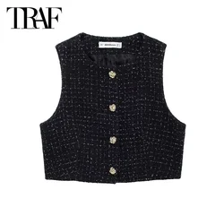 TRAF Cropped Textured Vest 2024 Women's Outerwears Summer Autumn Black Sleeveless Tank Vest Top Elegant Fashion Short Waistcoat