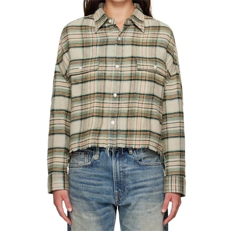 

Women's shirt New autumn 2025 washed tassel lapel long sleeved top High quality pure cotton plaid Women's blouse y2k thin coat