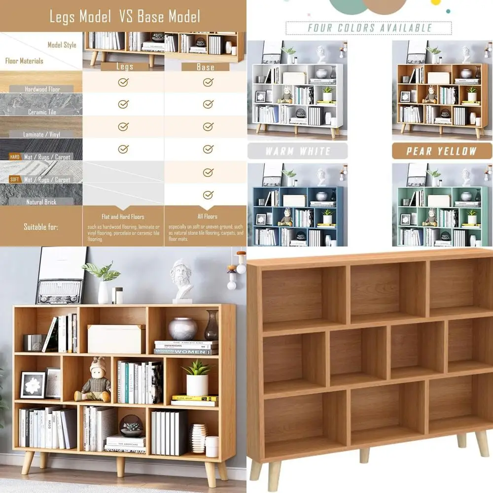 3-Tier Wooden Floor Standing Bookcase with 10 Cubes, Pear Yellow Display Cabinet