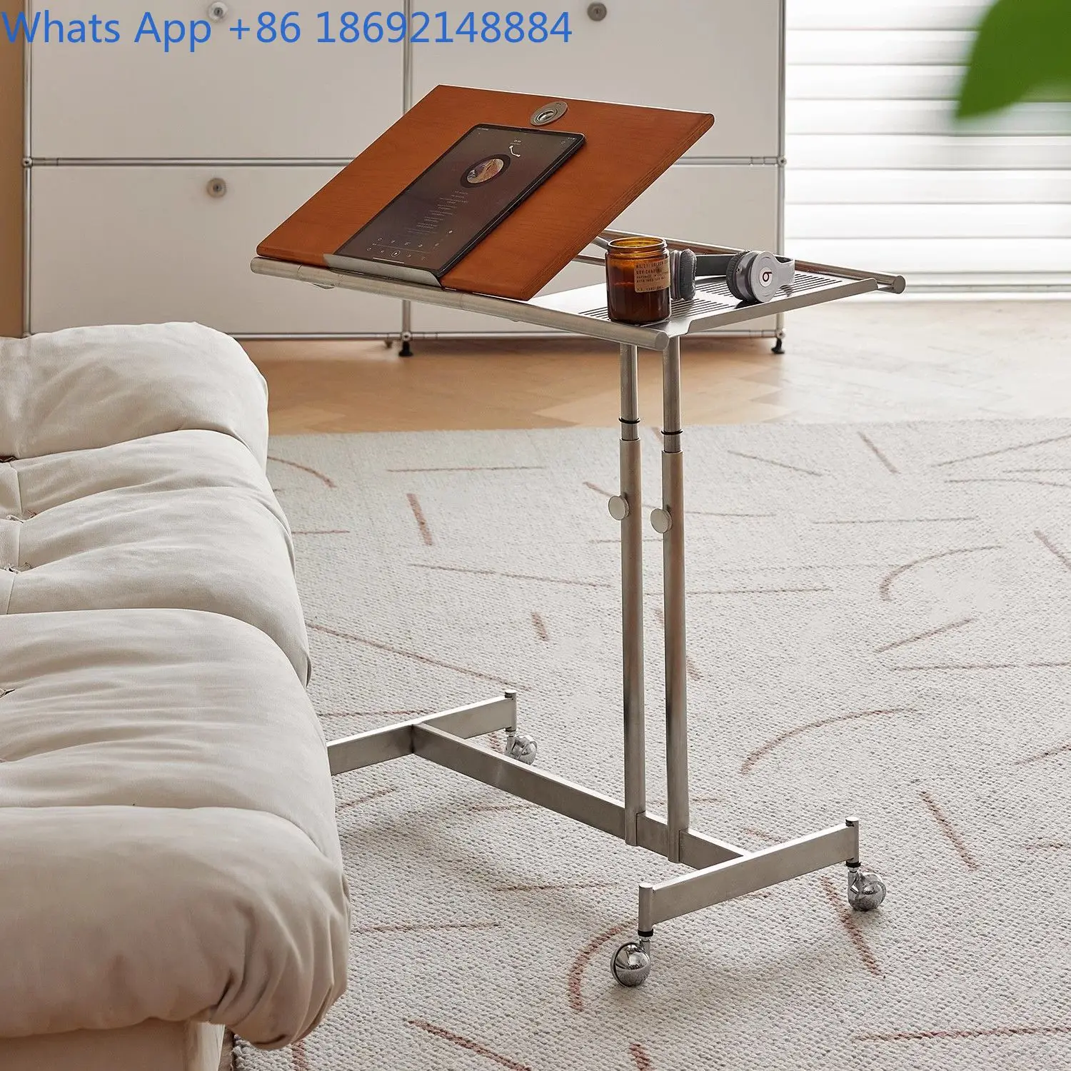 Solid Wood Portable Side Table for Living Room Bedroom or Office Use Multi Functional Rolling Cart with Storage Shelf