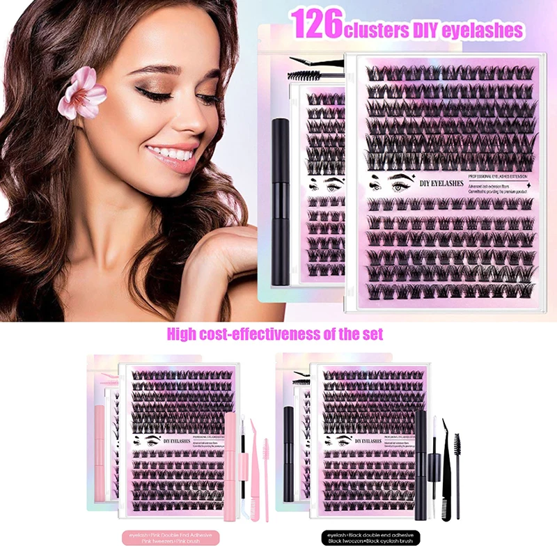 DIY Eyelash Set 126pcs Individual Lashes Cluster C Curl 10-14mm Mix Lash Clusters With Lash Bond Seal And Lash Applicator Tool