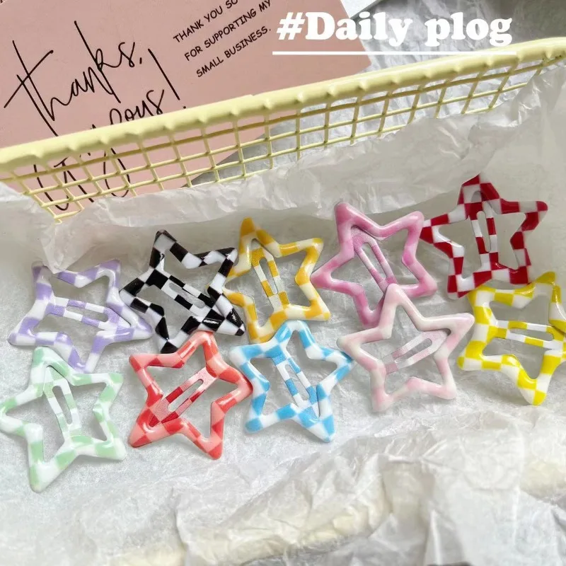 Colorful Star BB Hair Clips Y2K Women Grils Cute Metal Star Grid Hairpin Side Barrettes Hair Grip Headwear Gift Hair Accessories