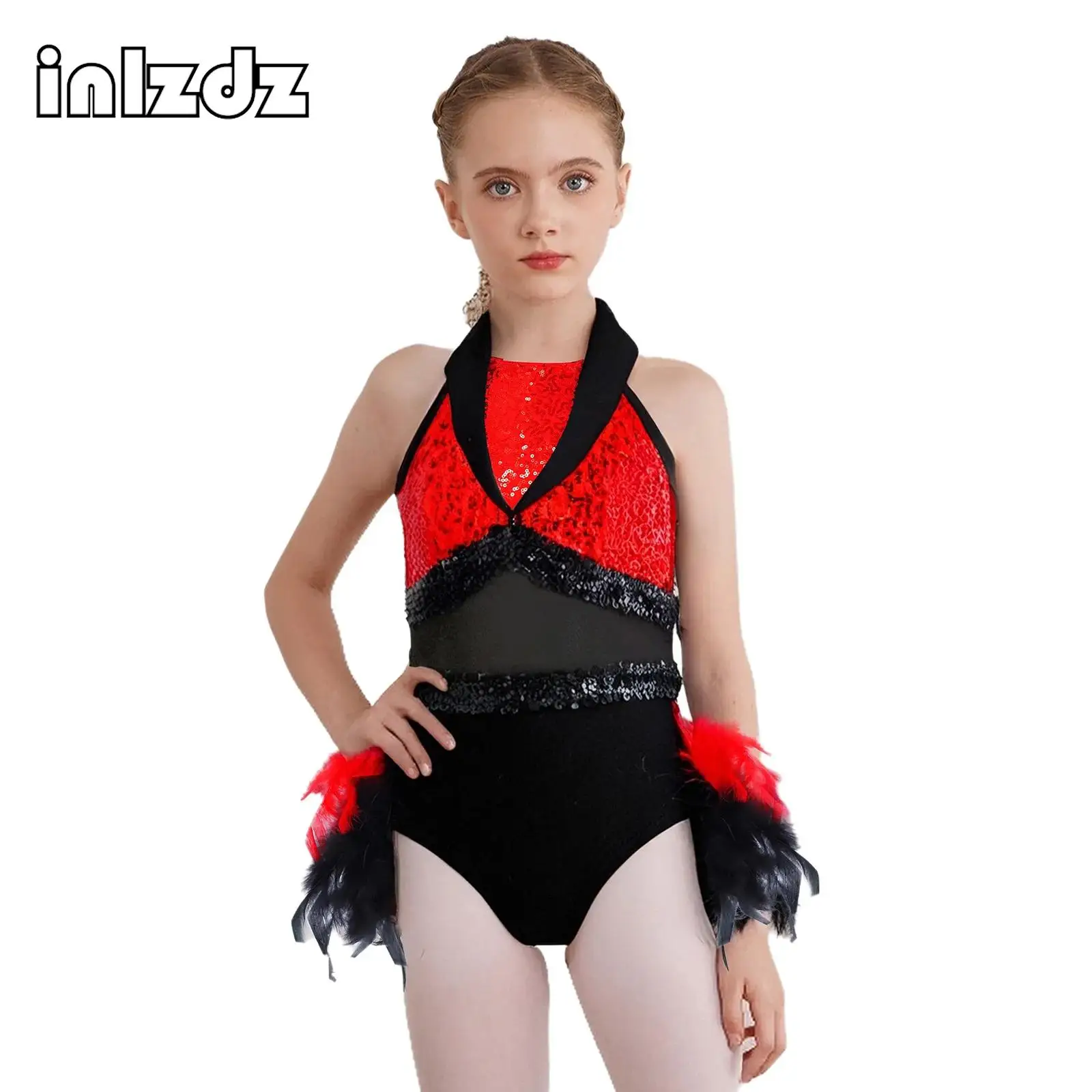

Kids Girl Gymnastics Latin Jazz Dance Costume Sleeveless Sequins Feather Leotard Ballet Dance Figure Skating Performance Clothes