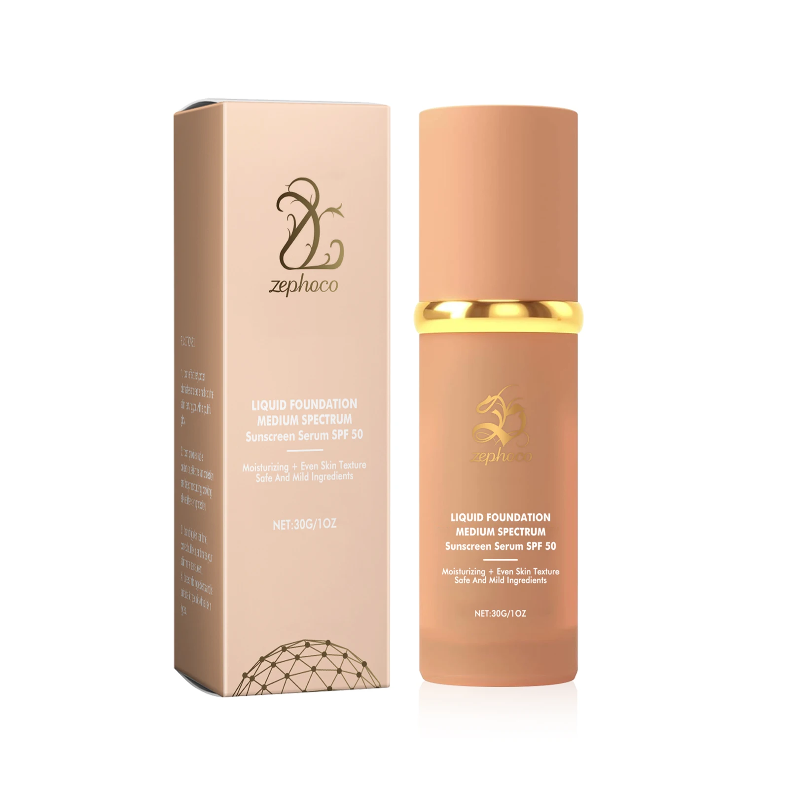Zephoco Liquid Foundation Spf50 Medium Spectrum Sunscreen Serum Matte Waterproof Hyaluronic Acid Deep Hydration Face Foundation