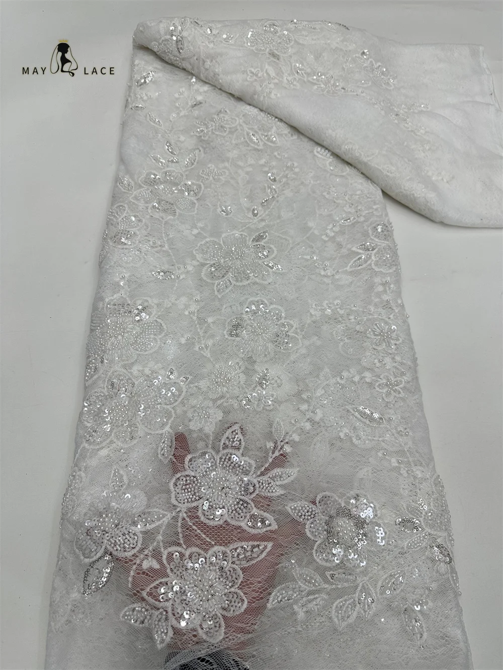 

White French African Groom Lace Fabric 2026 Beaded High Quality Embroidery For Women Wedding Dress Nigerian Sequin Lace Fabric