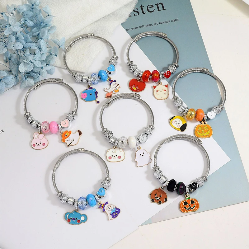 New 1/7Pcs Set Bt21 Small Animal Halloween Series Jewelry Bracelet Ghost Pumpkin Pendant Beaded Bracelet Girls Accessories Gift