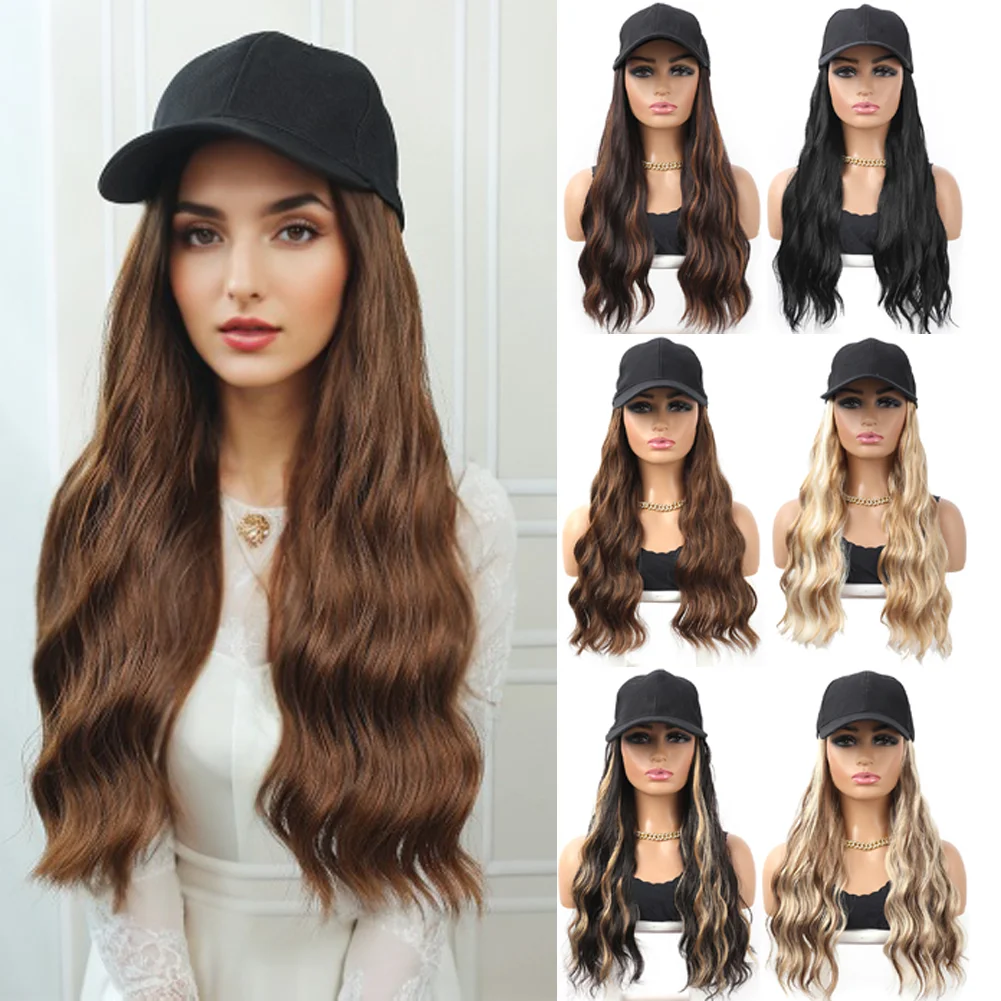 

Baseball Cap With Curly Synthetic Hair Extensions For Women Long Water Wave Adjustable Hat Wig Wavy Hairstyle For Daily Use