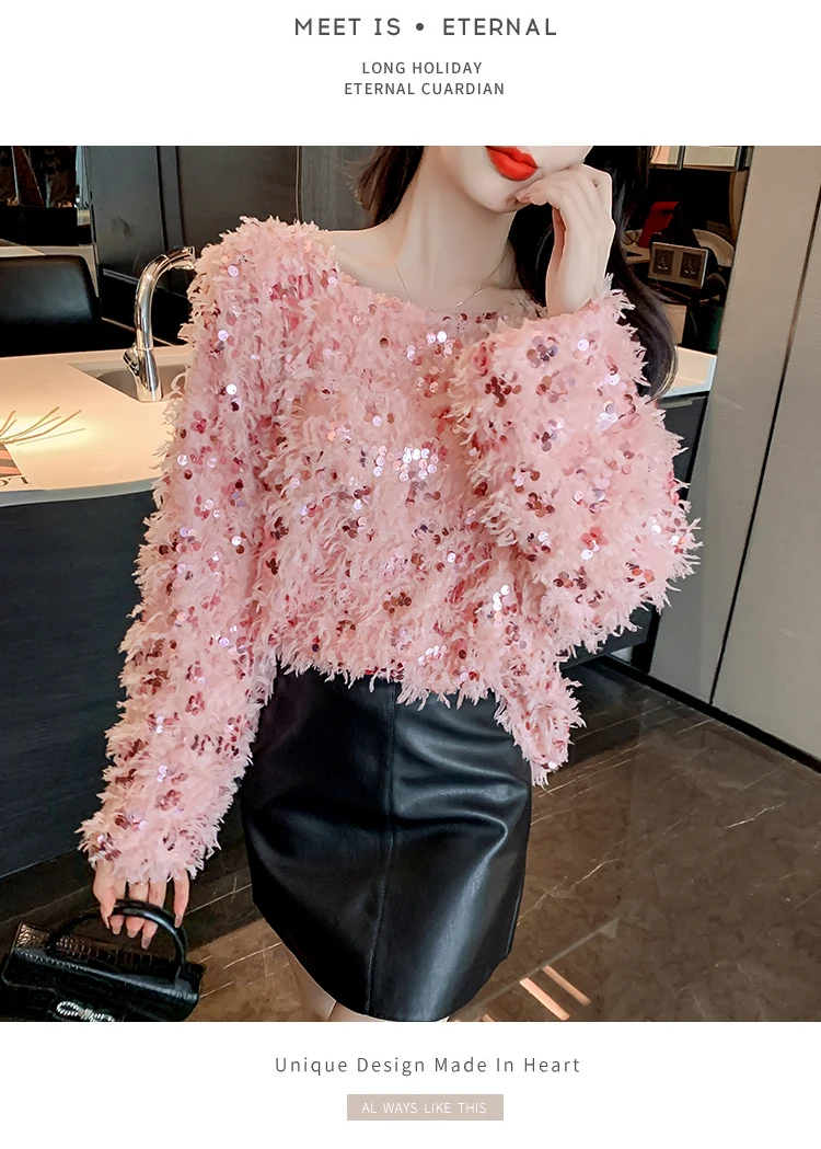 Autumn And Winter New Round Neck Female Sequins Long Sleeve Straight Women\'s Wear Loose Casual Feather Tassel Tops