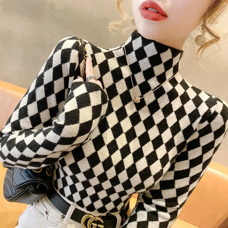 Dameskleding Mode Elegante Mock-Hals Pullovers Met Lange Mouwen Lente Herfst Chique Slanke Plaid All-Match Tops Office Lady Sweaters