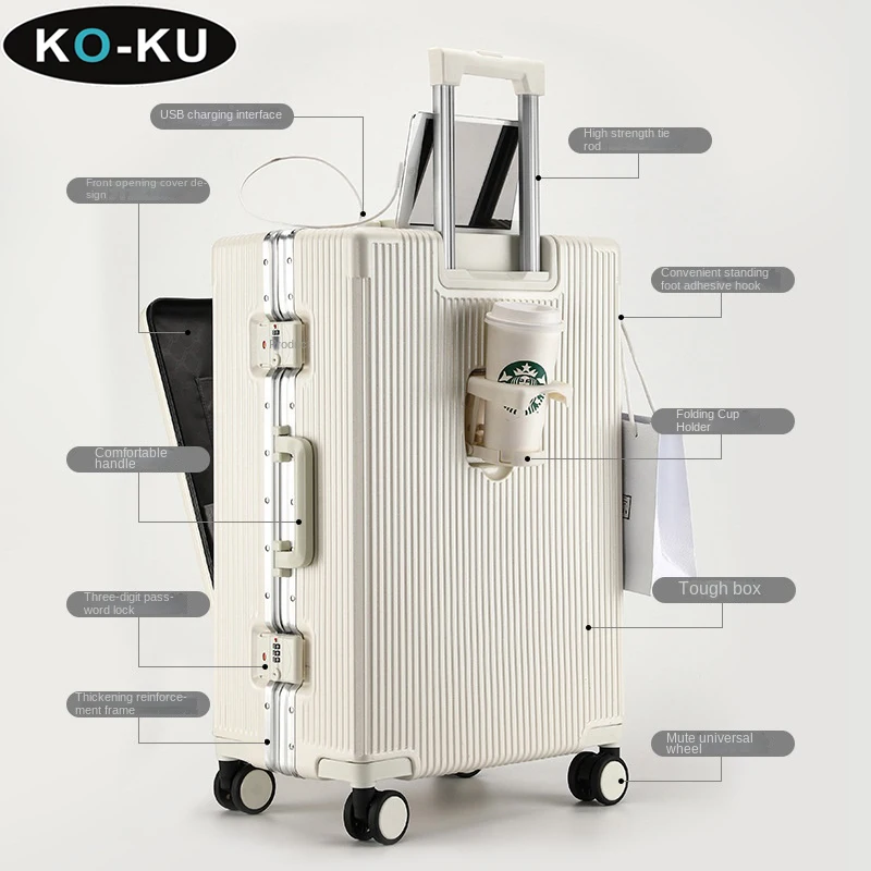 KO-KU Front Opening Suitcase 24 Inch Aluminium Frame Large Capacity USB Charging With Cup Holder Trolley Case 20\'\' Boarding Box