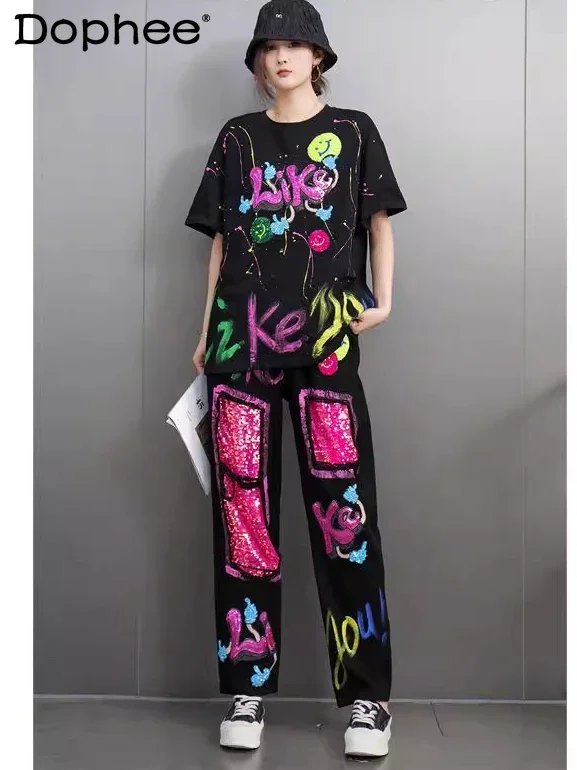 

Spring and Summer New Loose Casual Pant Sets Hot Diamond Printing Short-sleeved T-shirt and Pants Two-piece Sets Womens Outifits