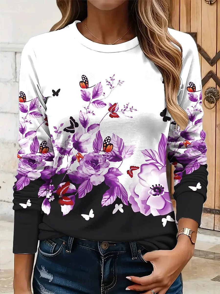 Fashion Butterfly And Floral Pattern Women T-Shirts Spring Autumn Long Sleeve 3d Print Street Lady Tee 3XL Plus Size Casual Tops